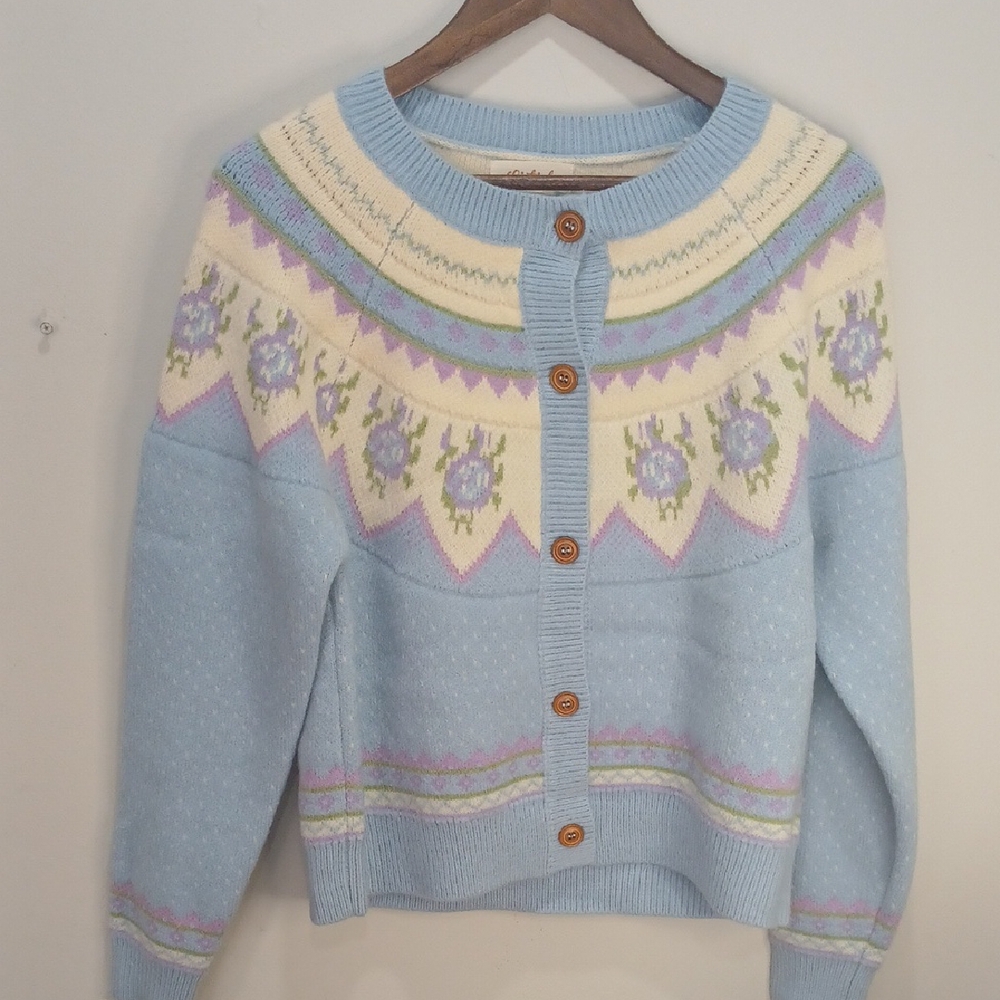 Pastel Blue Floral Yoke Button-Up Sweater